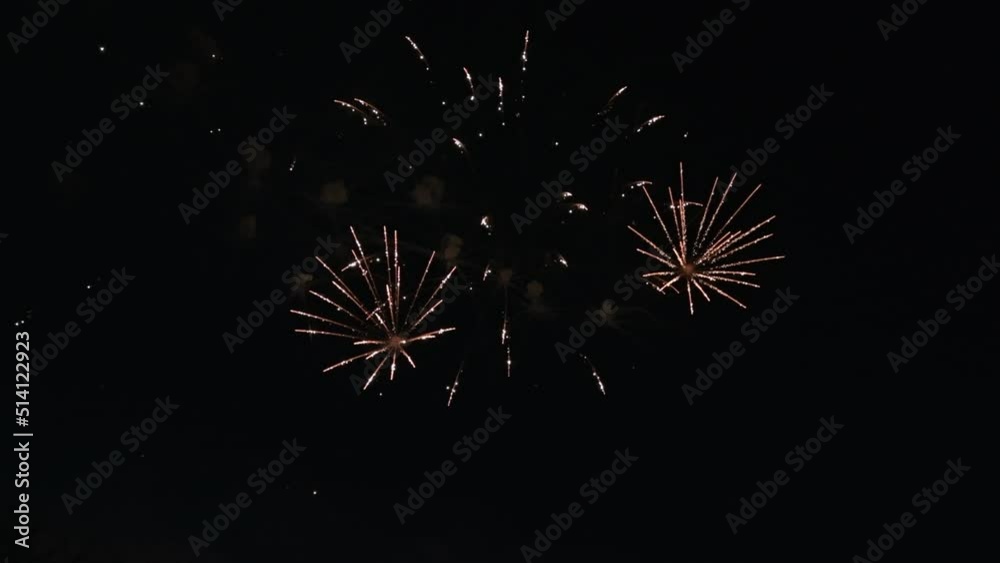 Real Firework close up on Deep Black Background Sky on Fireworks festival from river bank , Independence day and new year concept. High quality 4k raw video Real Firework close up on Deep Black Background Sky on Fireworks festival from river bank , Independence day and new year concept. High quality 4k raw video