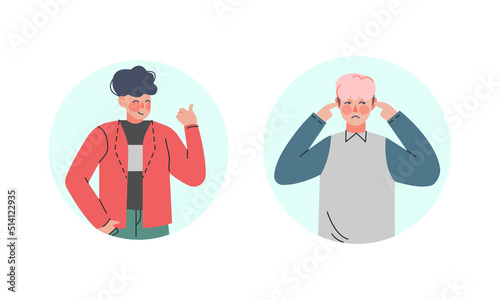 Male Showing Thumb Up and Closing His Ears as Positive and Negative Hand Gesture in Circular Frame Vector Set