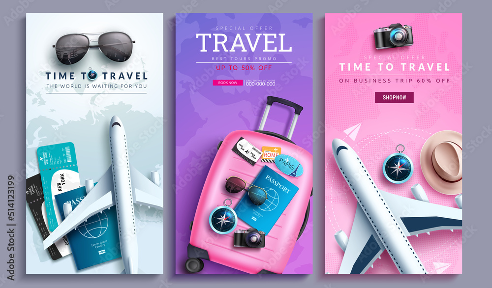 Travel promo vector poster set design. Time to travel text collection with special business trip offer for travelling price discount sale. Vector illustration.
 - obrazy, fototapety, plakaty 