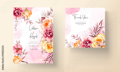 wedding invitation card template with beautiful warm colored flower floral © mariadeta