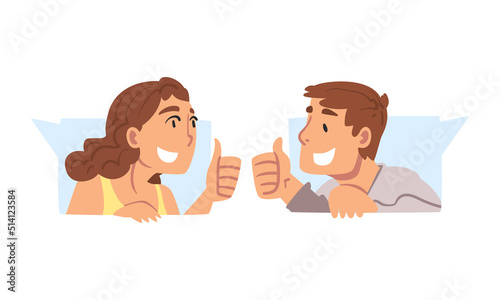 Male and Female as Social Media Follower and Subscriber Showing Adoration with Thumb Up Vector Set