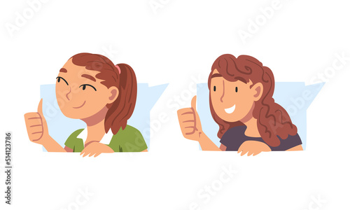 Female as Social Media Follower and Subscriber Showing Adoration with Thumb Up Vector Set