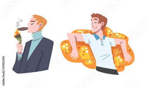 Rich and Wealthy Man Character Lighting Cigar from Dollar Banknote and Lying on Pile of Gold Vector Set