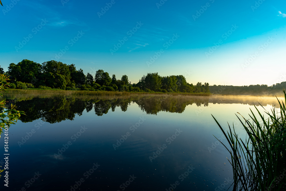 Morning over the river in wild. Sun rays and mist over the river