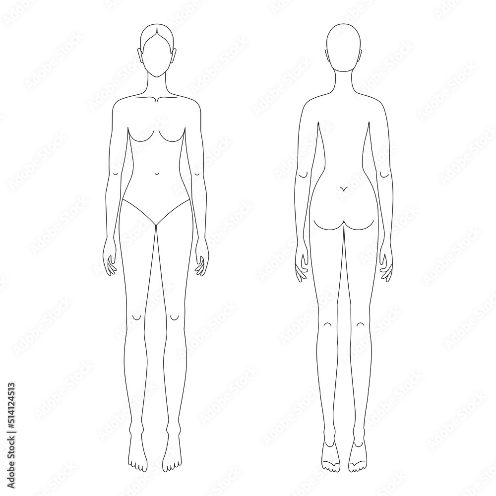 Line drawing female croqui for flat fashion sketches and cads. Vector mannequin design. 