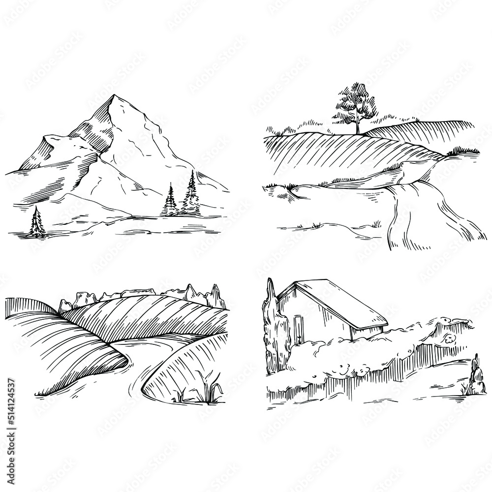 Fototapeta premium Mountain with landscapes vector editable illustration sketch design.