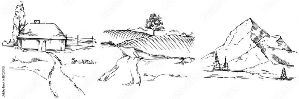 Fototapeta premium Mountain with landscapes vector editable illustration sketch design.