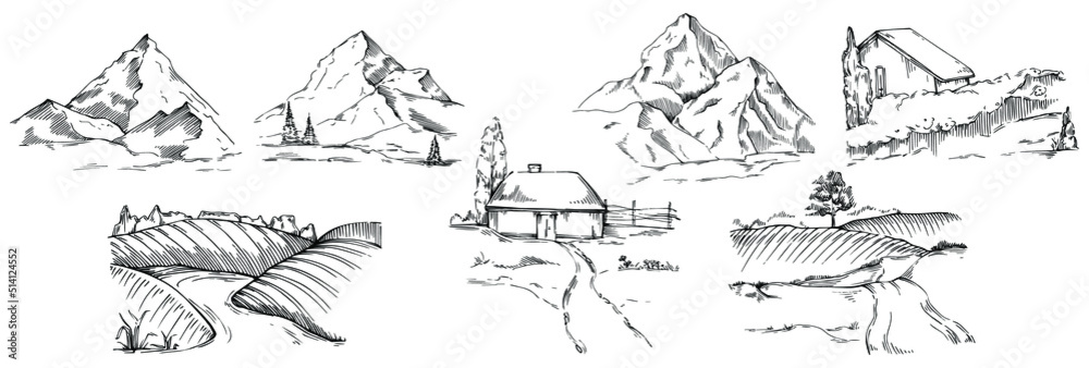 Fototapeta premium Mountain with landscapes vector editable illustration sketch design.