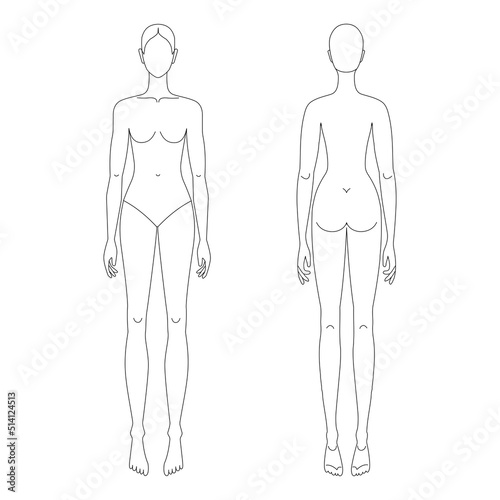 Line drawing female croqui for flat fashion sketches and cads. Vector mannequin design. 
