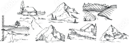 Mountain with landscapes vector editable illustration sketch design.