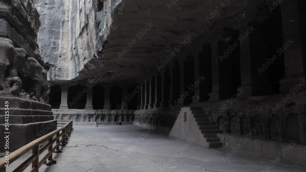 View of path under the rock inside the ellora caves in India