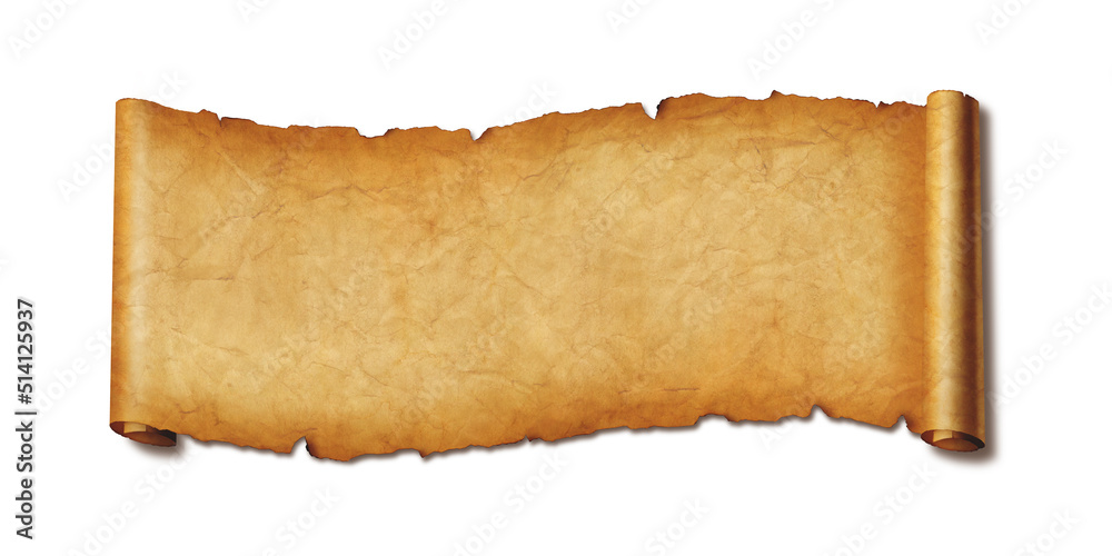 Old paper horizontal banner. Parchment scroll isolated on white with shadow