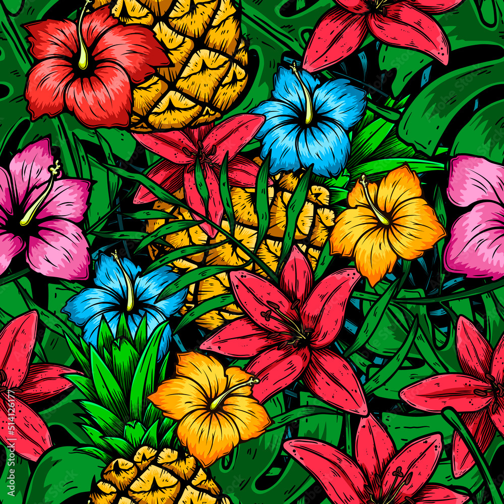 Seamless pattern with tropical flowers, palm leaves, monstera leaves. Vector illustration. Seamless pattern with tropical flowers, palm leaves, monstera leaves. Vector illustration.