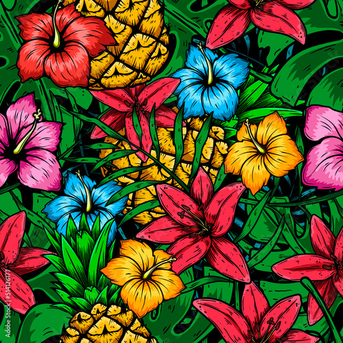 Seamless pattern with tropical flowers  palm leaves  monstera leaves. Vector illustration.