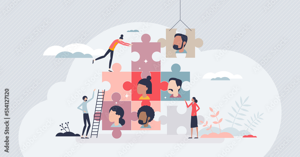 Human management and HR resources for business team tiny person concept. Employee organization and company staff effective usage vector illustration. Personnel recruitment and teamwork development. - obrazy, fototapety, plakaty 