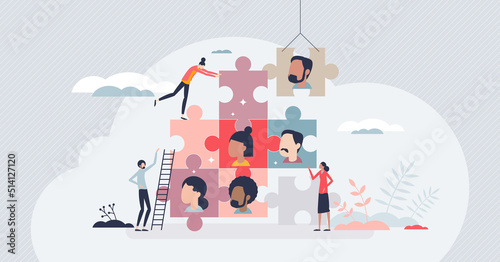 Human management and HR resources for business team tiny person concept. Employee organization and company staff effective usage vector illustration. Personnel recruitment and teamwork development. photo