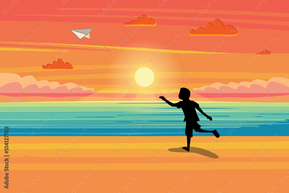 Silhouette of child playing with paper airplane in the sunset. Vector illustration Silhouette of child playing with paper airplane in the sunset. Vector illustration