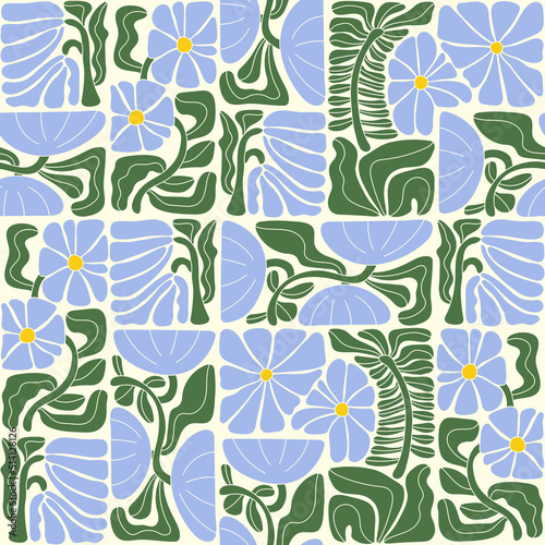 Abstract geometric floral seamless pattern. Matisse art inspired botanical background. Modern flat vector illustration with stylized flowers. Mid century print for wallpaper, fabric, package, paper