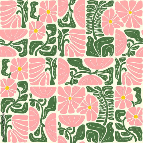 Abstract geometric floral seamless pattern. Matisse art inspired botanical background. Modern flat vector illustration with stylized flowers. Mid century print for wallpaper, fabric, package, paper