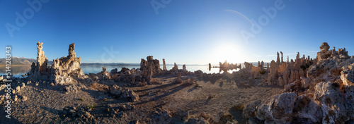 Tufa towers rock formation in Mono Lake. Sunny Sunrise. Located in Lee Vining, California, United States of America. Nature Background.