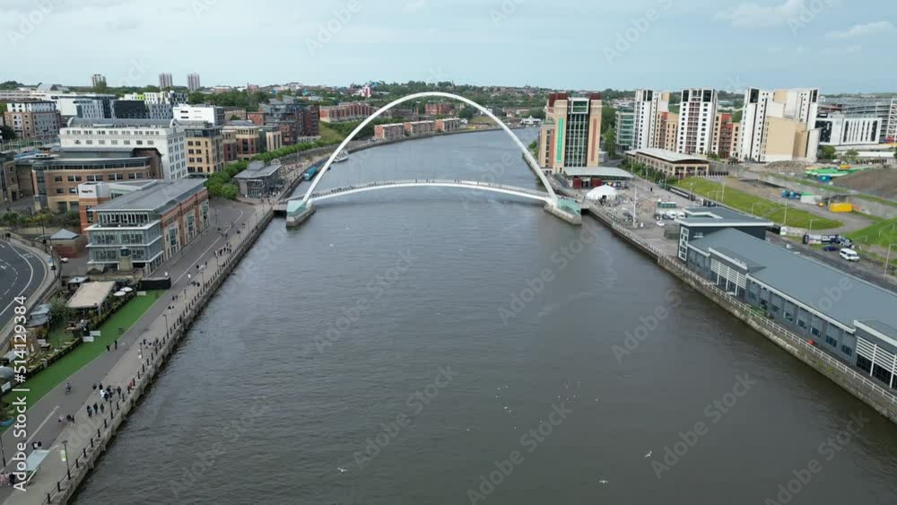 Newcastle Upon Tyne. The camera drone pushes forward towards the Millenium bridge. 4K
