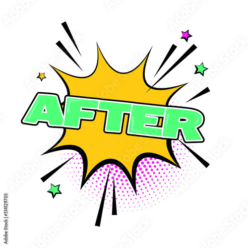 After isolated white comic text speech bubble. Colored pop art style sound effect. Halftone vector illustration banner. Vintage comics book poster. Colored funny cloud font.