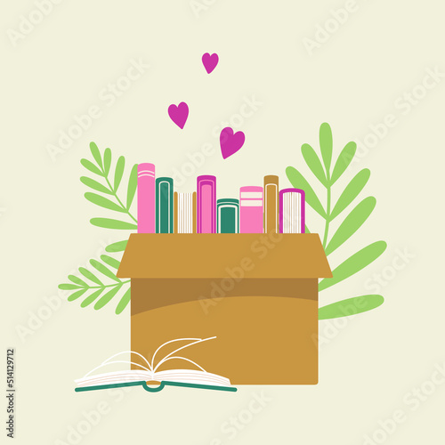 Cardboard box with books for donations, charity. Colorful vector illustration