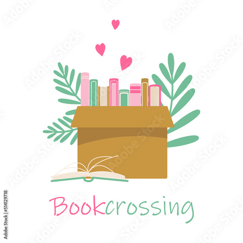 Cardboard box with books for donations, charity. Colorful vector illustration
