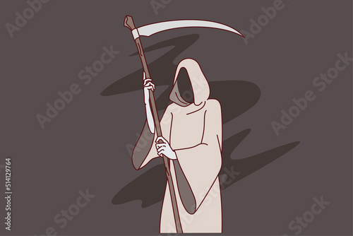 Grim reaper with scythe wearing robe representing death. Mythology concept. Flat vector illustration. 