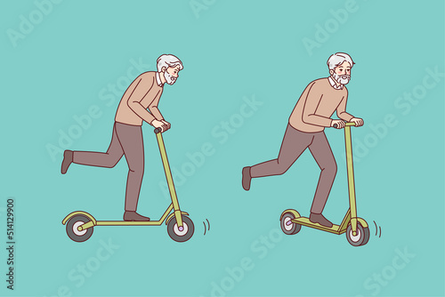 Overjoyed energetic elderly man have fun riding on scooter outdoors. Happy active mature grandfather feel joyful and positive enjoy outdoors activity. Vector illustration. 