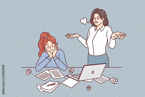 Furious boss stressed with employee unproductive work in office. Angry businesswoman unhappy with lazy worker at workplace. Vector illustration. 