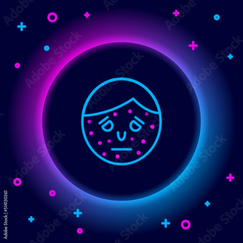 Glowing neon line Face with psoriasis or eczema icon isolated on black background. Concept of human skin response to allergen or chronic body problem. Colorful outline concept. Vector
