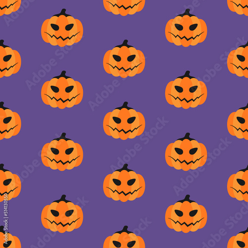 Orange pumpkins on violet background. Halloween seamless pattern. Minimalist trendy contemporary design. Best for textile, print, wrapping paper, package and festive decoration.