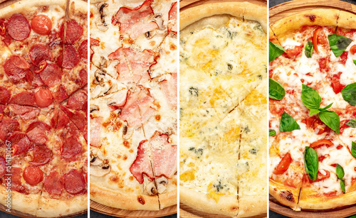 food collage of different types of pizza