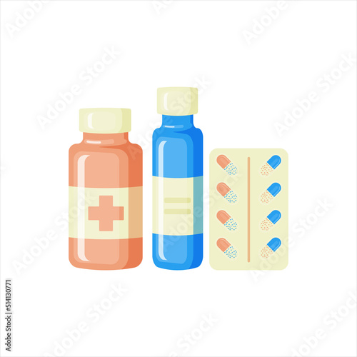 Medical bottle with label. Pill flat icon isolated on white background. Flat vector illustration.
