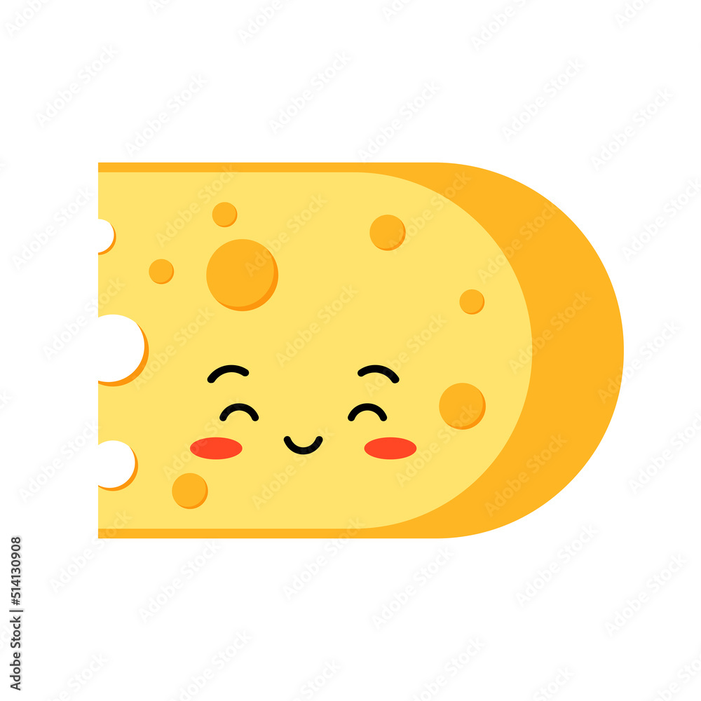 Fototapeta premium Cute smile cheese character with hole slices isolated on white background. Flat design cartoon style kawaii piece of yellow cheese illustration. Happy organic milk food mascot vector emoji.
