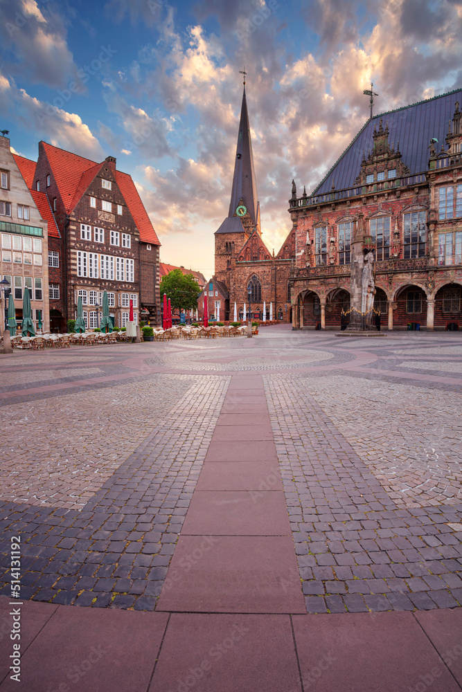 Bremen, Germany. Cityscape image of Hanseatic City of Bremen, Germany with historic Market Square and Town Hall at summer sunrise.