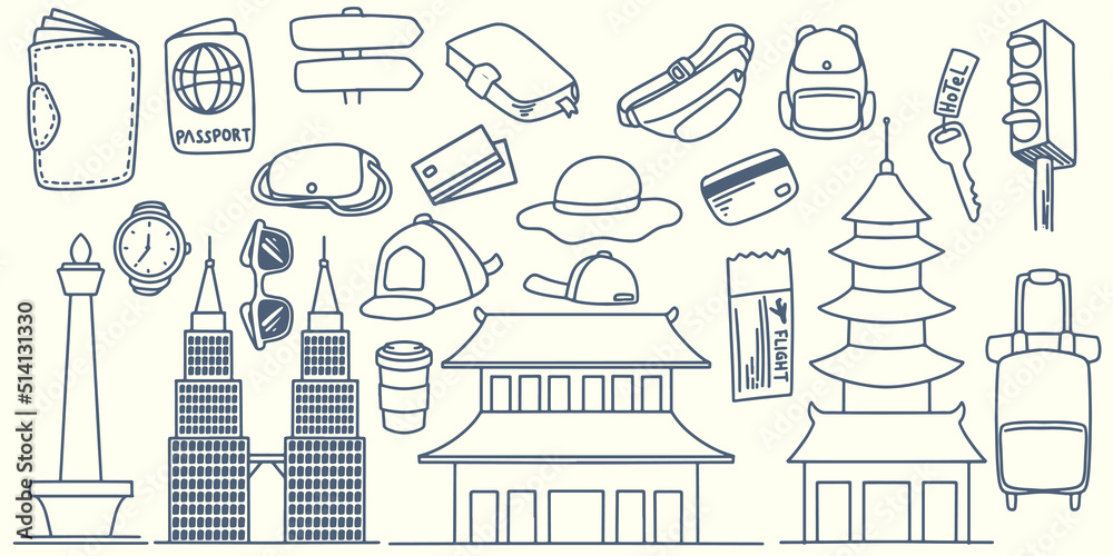 Hand drawing doodle travel elements trip to around asia with tourist equipment, iconic tower, temple, palace, passport, hat and bag isolated on white background. Hand drawing doodle travel elements trip to around asia with tourist equipment, iconic tower, temple, palace, passport, hat and bag isolated on white background.