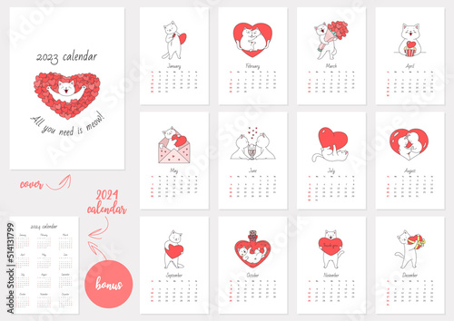 All You Need Is Meow! Calendar 2023 template. Monthly calendar 2023 with cute white cats in love. Bonus - 2024 calendar. Vector illustration 10 EPS. photo