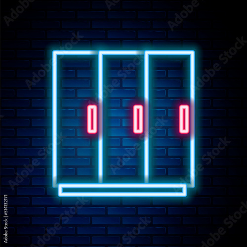 Glowing neon line Wardrobe icon isolated on brick wall background. Colorful outline concept. Vector