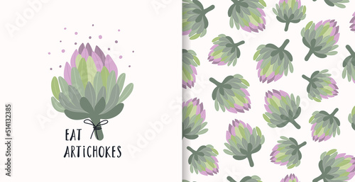 Hand drawn artichoke flower. Vector poster and  seamless pattern. Vegan food concept. Flat illustration.