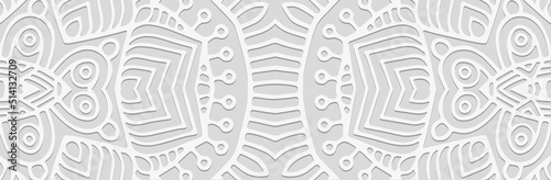 Banner, cover abstract design. Embossed ethnic 3d doodling pattern on a white background in vintage style. Tribal ornaments of East, Asia, India, Mexico, Aztecs, Peru for brochure, booklet, flyer, web