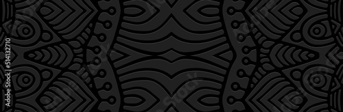 Banner, decorative cover design. Embossed ethnic 3d doodling pattern on a black background in vintage style. Tribal ornaments of East, Asia, India, Mexico, Aztecs, Peru for brochure, booklet, flyer.