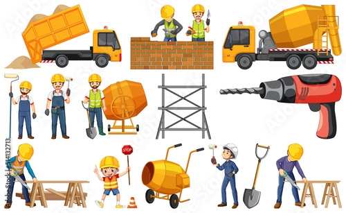 Set of construction site objects and workers