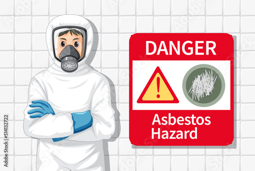 Man in protective hazmat suit with danger asbestos hazard sign