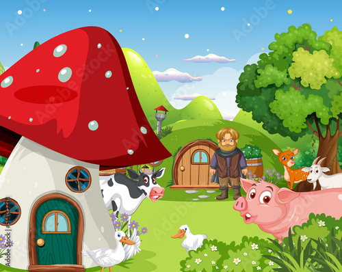 Fantasy cartoon scene with farm animals