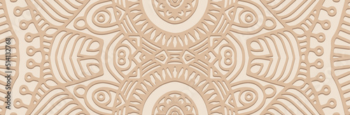 Banner, exotic cover design. Embossed ethnic 3d doodling pattern on a beige background in vintage style. Tribal ornaments of East, Asia, India, Mexico, Aztecs, Peru for brochure, booklet, flyer, web