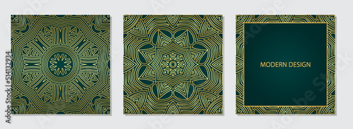 Luxury set of ethnic green square web banner backgrounds with geometric floral gold pattern, frame for text. National culture of the peoples of the East, India, Mexico, Aztecs, Peru.