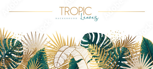 Summer floral background with green and golden tropic leaves on white background. Vector illustration