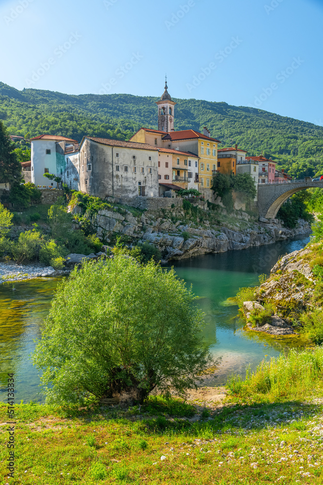 Beautiful town Kanal ob Soci (Italian: Canale, German: Kanalburg) on the river Soca (Isonzo) in western Slovenia.
